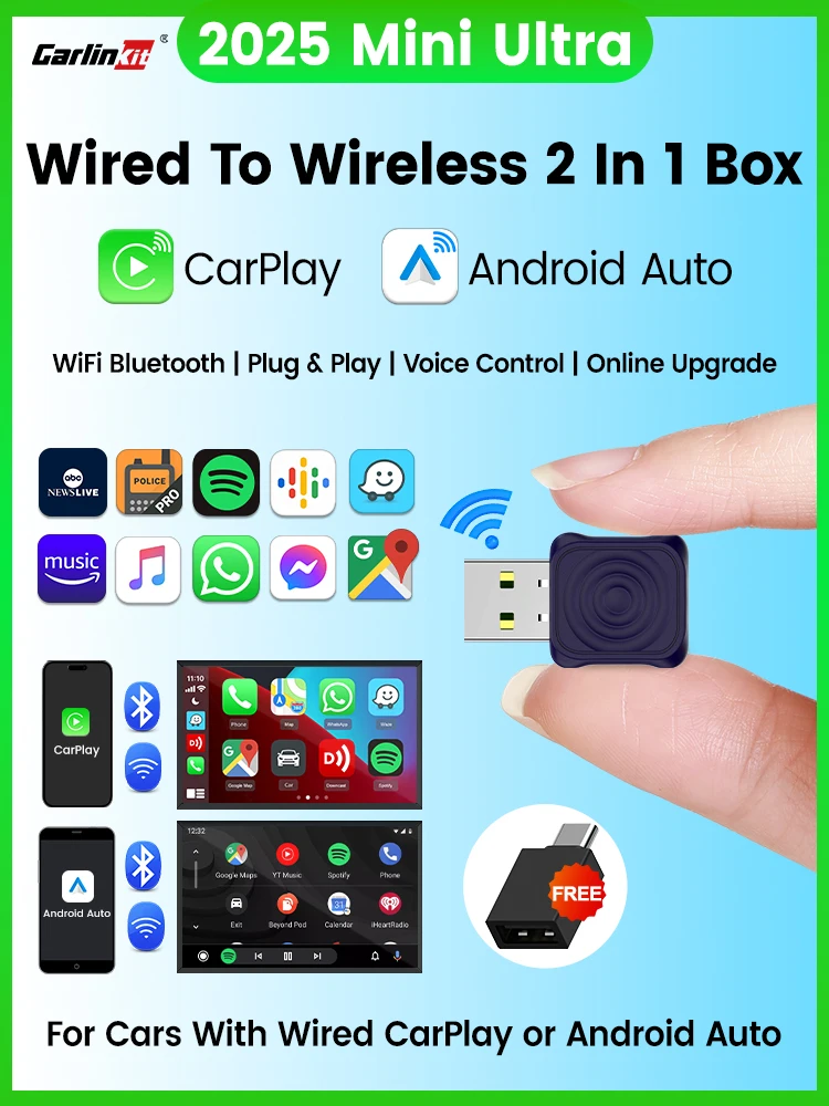 CarlinKit 5.0 Wireless Adapter Mini Ultra Wireless Android Auto & CarPlay USB Dongle für Auto Upgrade WiFi Bluetooth Auto Connect