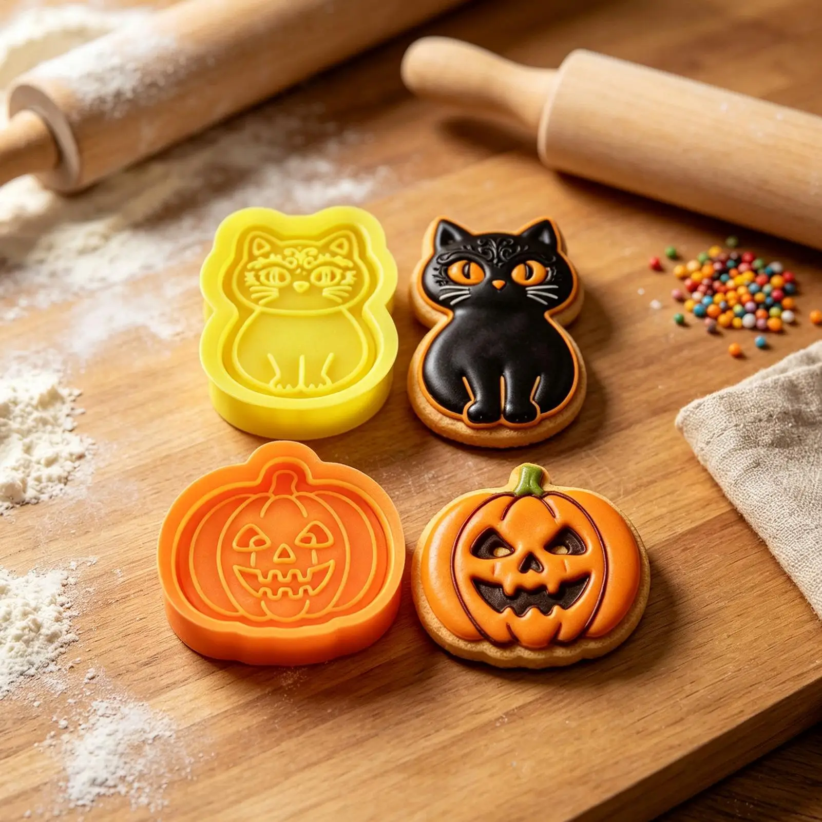 Halloween Cookie Cutters Cartoon Pumpkin Ghost Cat Press Mold Reusable Embossed Baking Pastry Mould for Fondant Clay Craft