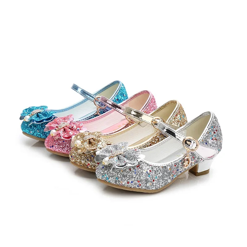 Princess Butterfly Leather Shoes Kids Diamond Bowknot High Heel Children Girl Dance Glitter Shoes Fashion Girls Party Dance Shoe