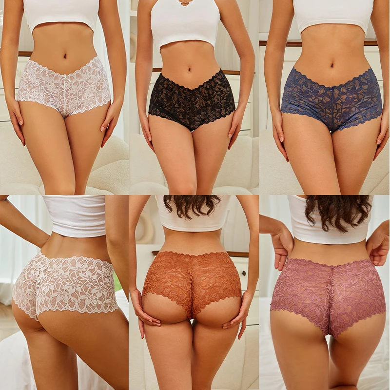 2Pcs/Set Sexy Lace Four Shorts Women Low-Rise Panties Floral Underwear S-XL Girls Sexy Panties Ladies Transparent Underpants