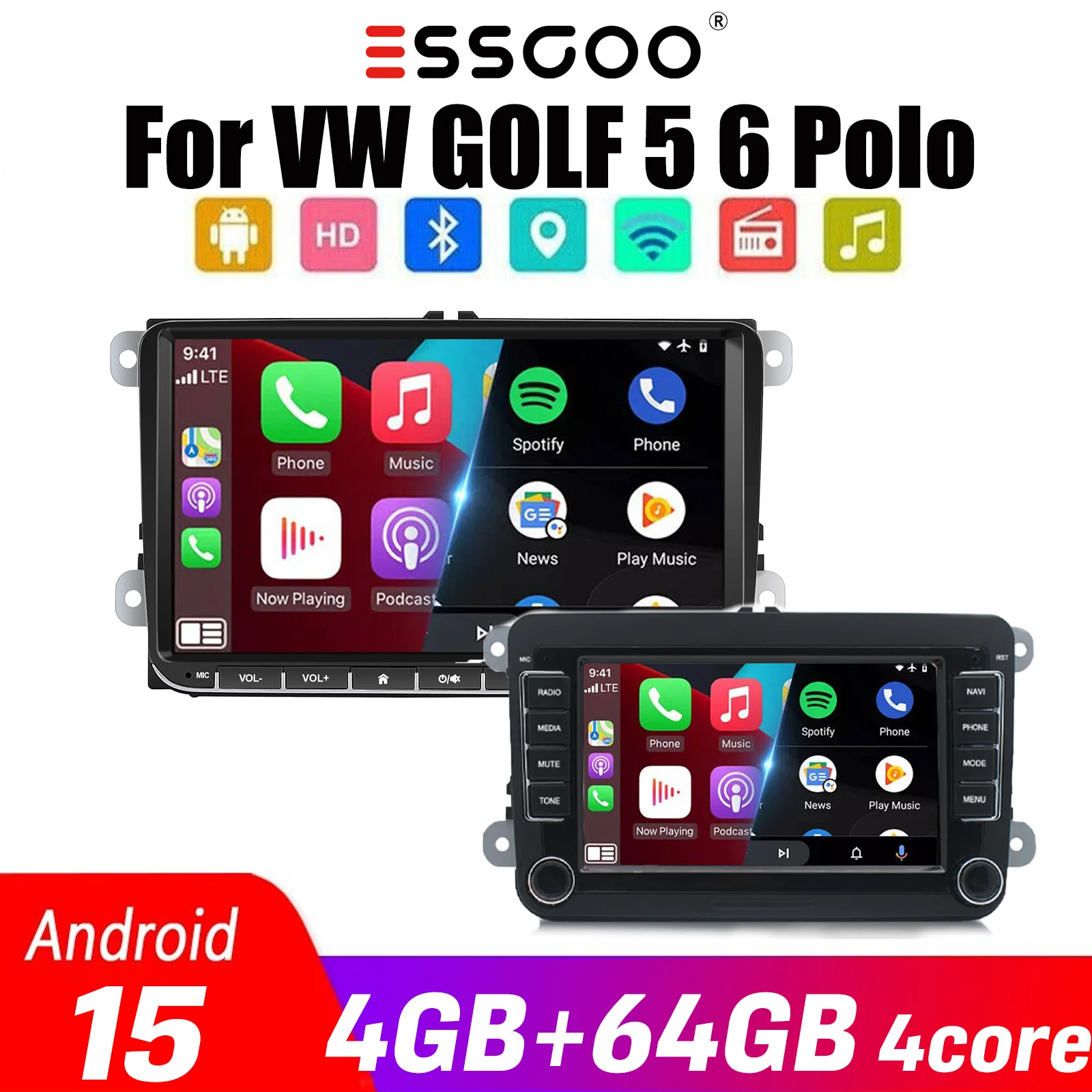 ESSGOO 7" Android15 4+64G Radio Samochodowe do Seat/Skoda/VW Golf 5 6 Passat Polo Touran Tiguan Rabbit Sharan Caddy EOS T5 z Bezprzewodowym Carplay Android Auto GPS NAVI RDS FM WIFI Bluetooth AI Voice