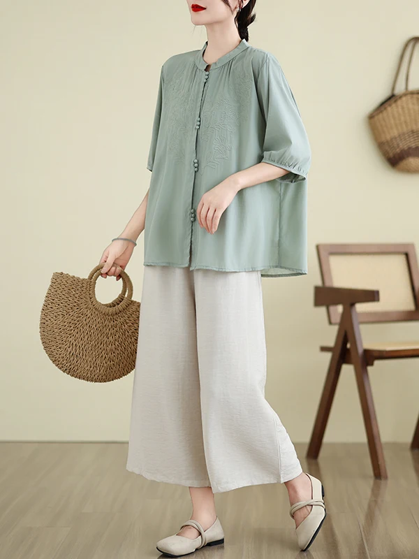 Large Size Women's Cotton Linen Suit Summer 2025 New Mid-Age Mom's Faionable Two-Piece Set Seven-Quarter Sve Stand Collar