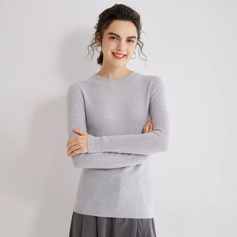 

Spring And Autumn 100% Pure Cashmere Women'S Sweater With Gold Thread Stripes Semi-High Collar Pullover Casual Slim Fit Knitwear