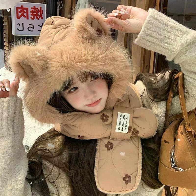 وشاح سميك، قبعة قطيفة نسائية لطيفة، قبعة Lei Feng الدافئة لركوب الدراجات، قبعة حماية الأذن