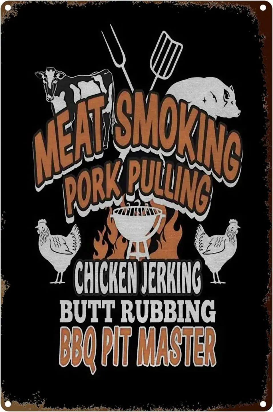 Meat Smoking Pork Pulling Chicken Butt Rubbing BBQ Novelty Sign, Vintage Metal Tin Sign Wall Sign Plaque Poster for Home Bathroo