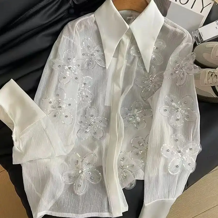 2025 outono verão nova tendência solta diamante lantejoulas flor bordado camisas de festa blusas para mulheres de manga comprida topo camisas