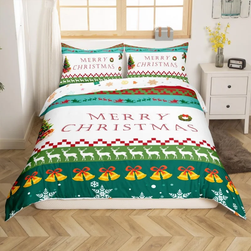 Merry Christmas Bedding Set Large Boys and Girls Reindeer Quilt Set 3-Piece