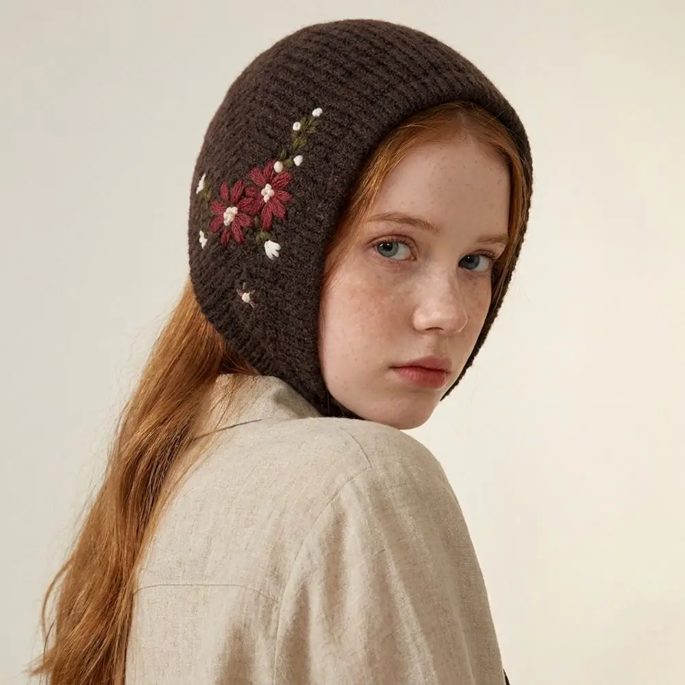 Wool Headscarf Floral Flower Embroidery Knitted Hat Warm Retro Earflap Hat Ear Protectors Korean Earmuffs Outdoor