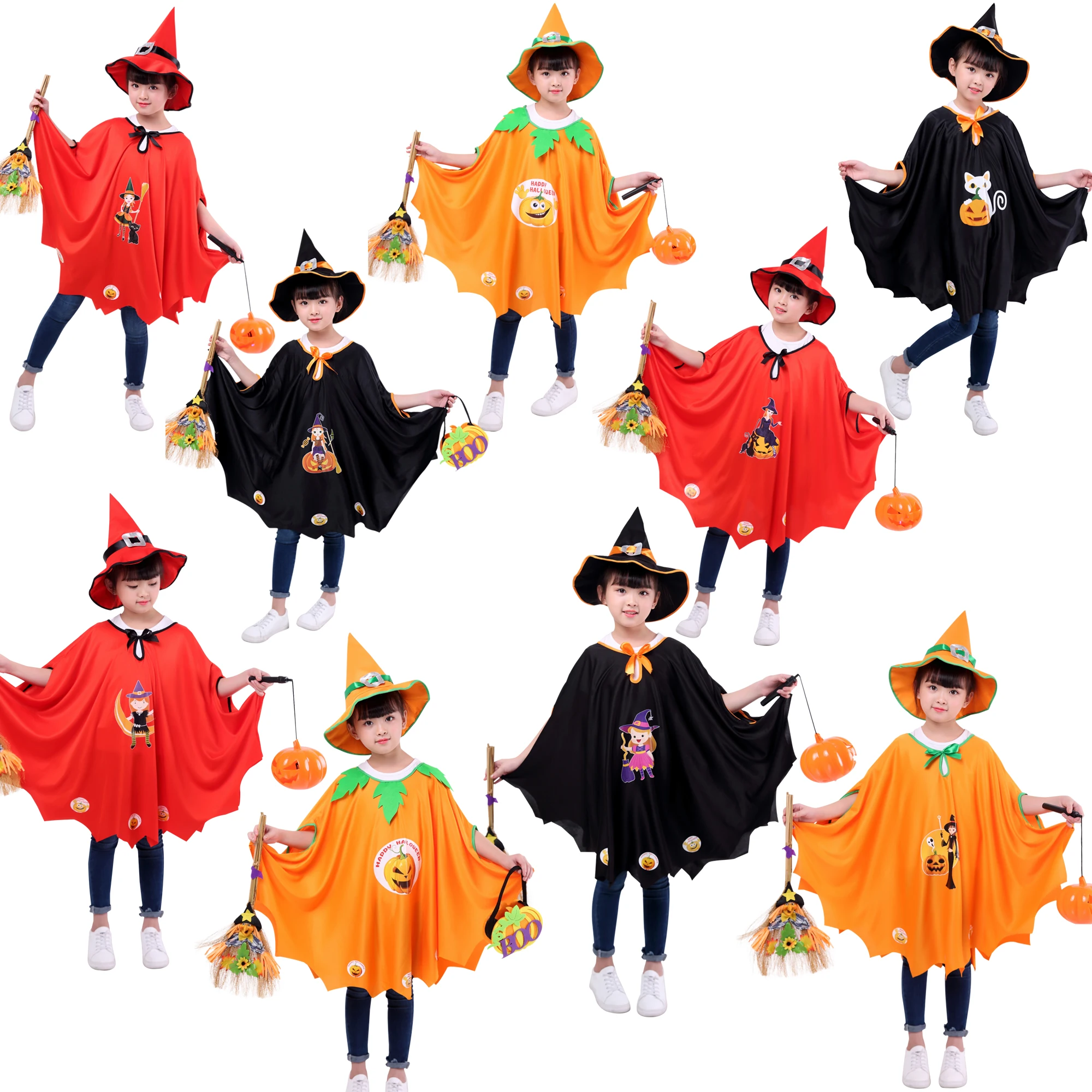 Conjunto de Disfraz de Bruja de Halloween de 9 Estilos con Sombrero, Capa con Estampado de Calabaza, Traje Elegante para Fiesta Temática, Cosplay, Carnaval