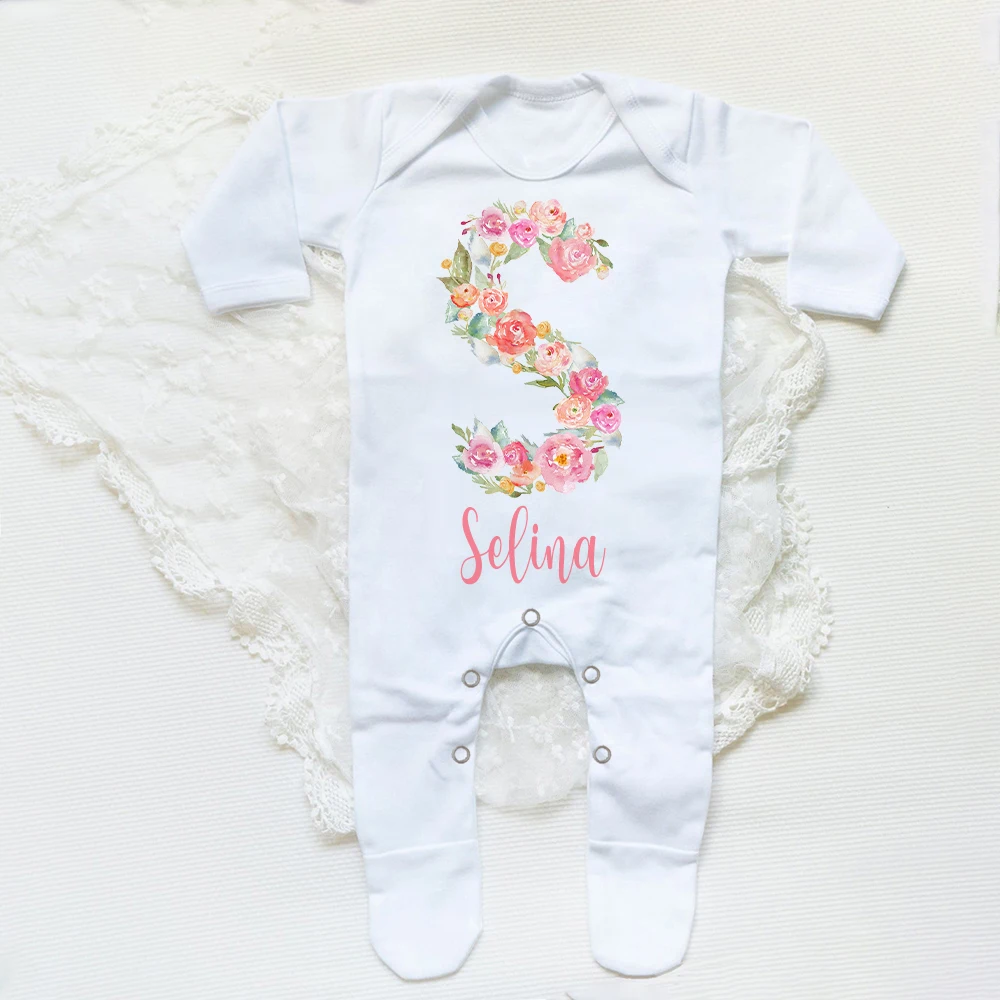 Personalised Flower Letter Babygrow Sleepsuit Custom Name Infant Sleepsuit Baby Coming Home Outfit Newbron Shower Romper Clothes