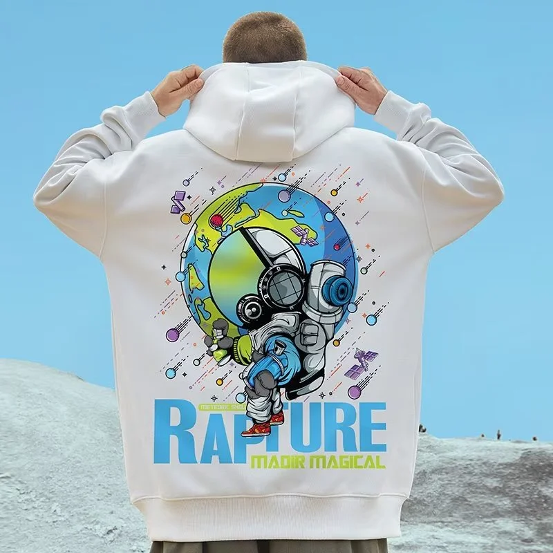 M-8XL Oversized Hoodies Men American Cartoon Astronaut Print Hoodie Loose Student\'s Large Soft Velvet Hooded Sweater