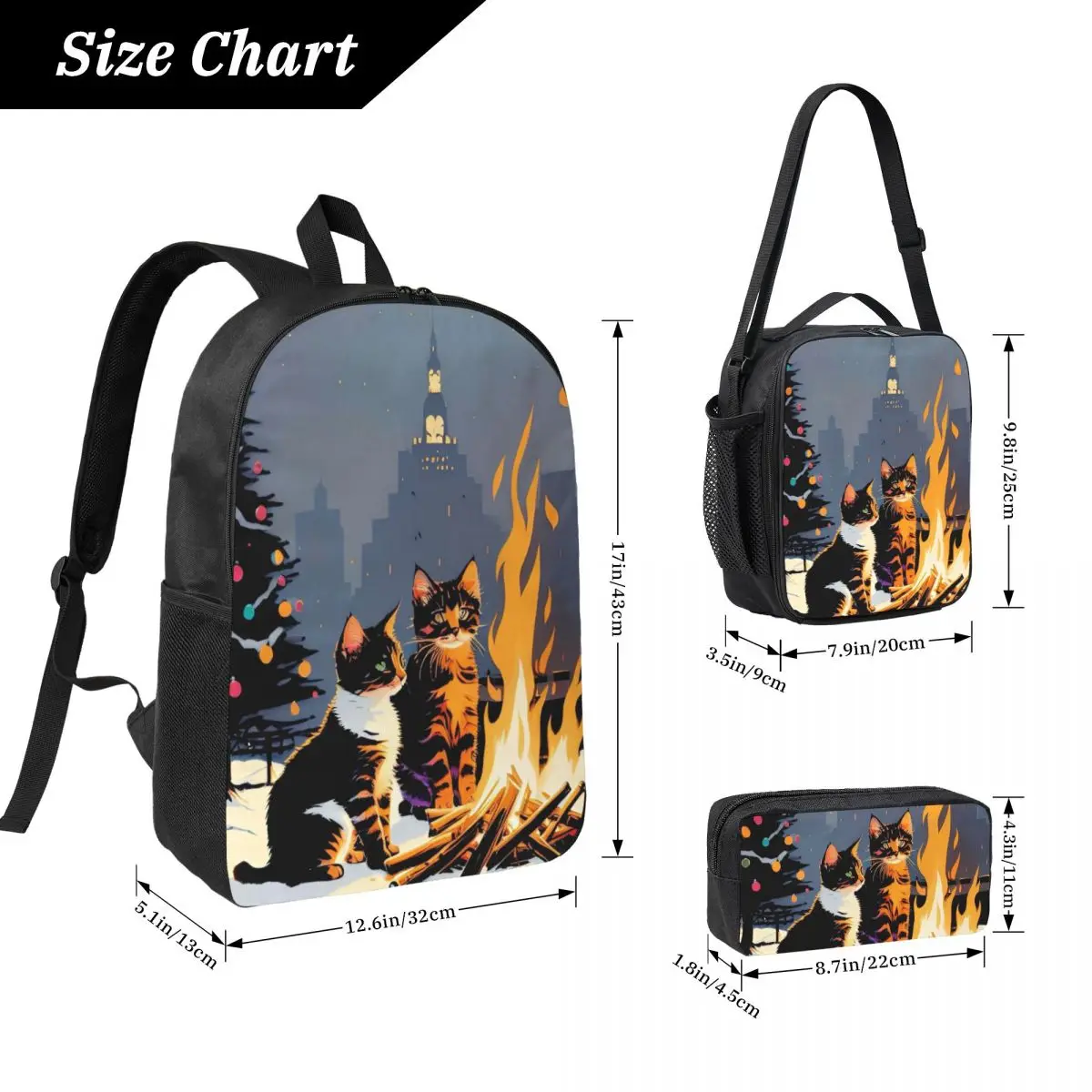 Cat Bonfire Dance Party Backpack Student BookBag School Bag Computer Shoulder Bags 3ps Insulated Lunch Bag Pencil Case