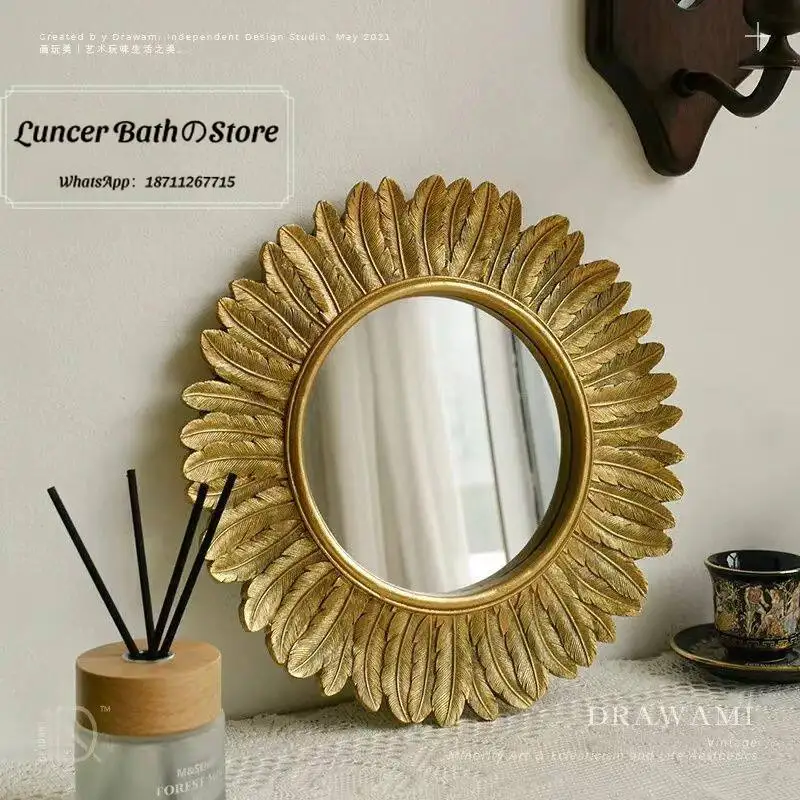 Sun Feather Mirror American Dresser Makeup Mirror Baroque Round Mirror French Vintage Wall Hanging