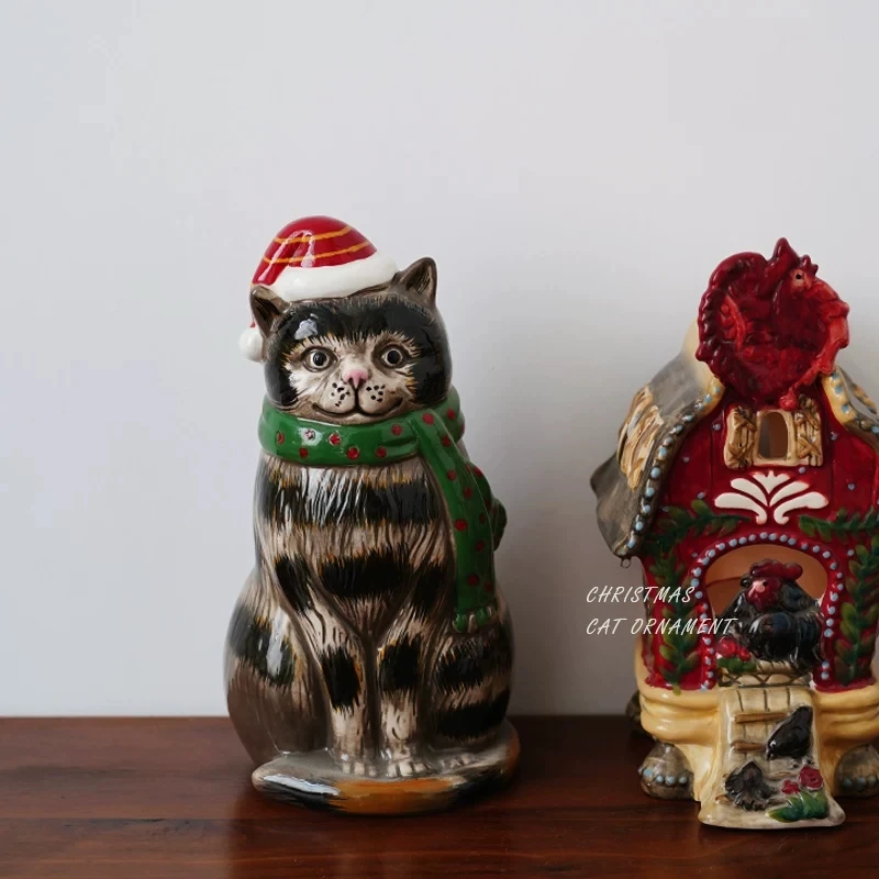 Christmas Hand-painted Patterned Cat Ceramic Figurine Christmas Hat Polka Dot Scarf Kitten Retro Holiday Table Decoration
