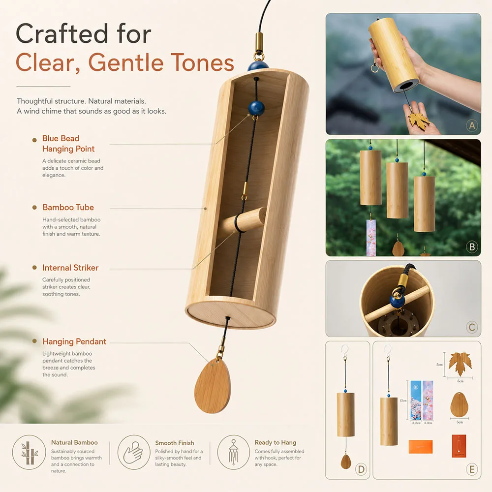 Bamboo Windchime Furin Wind Chime 8 Notes Rod Chord Crafted Bell for Outdoor Garden Decor Patio Home Zen Decoration