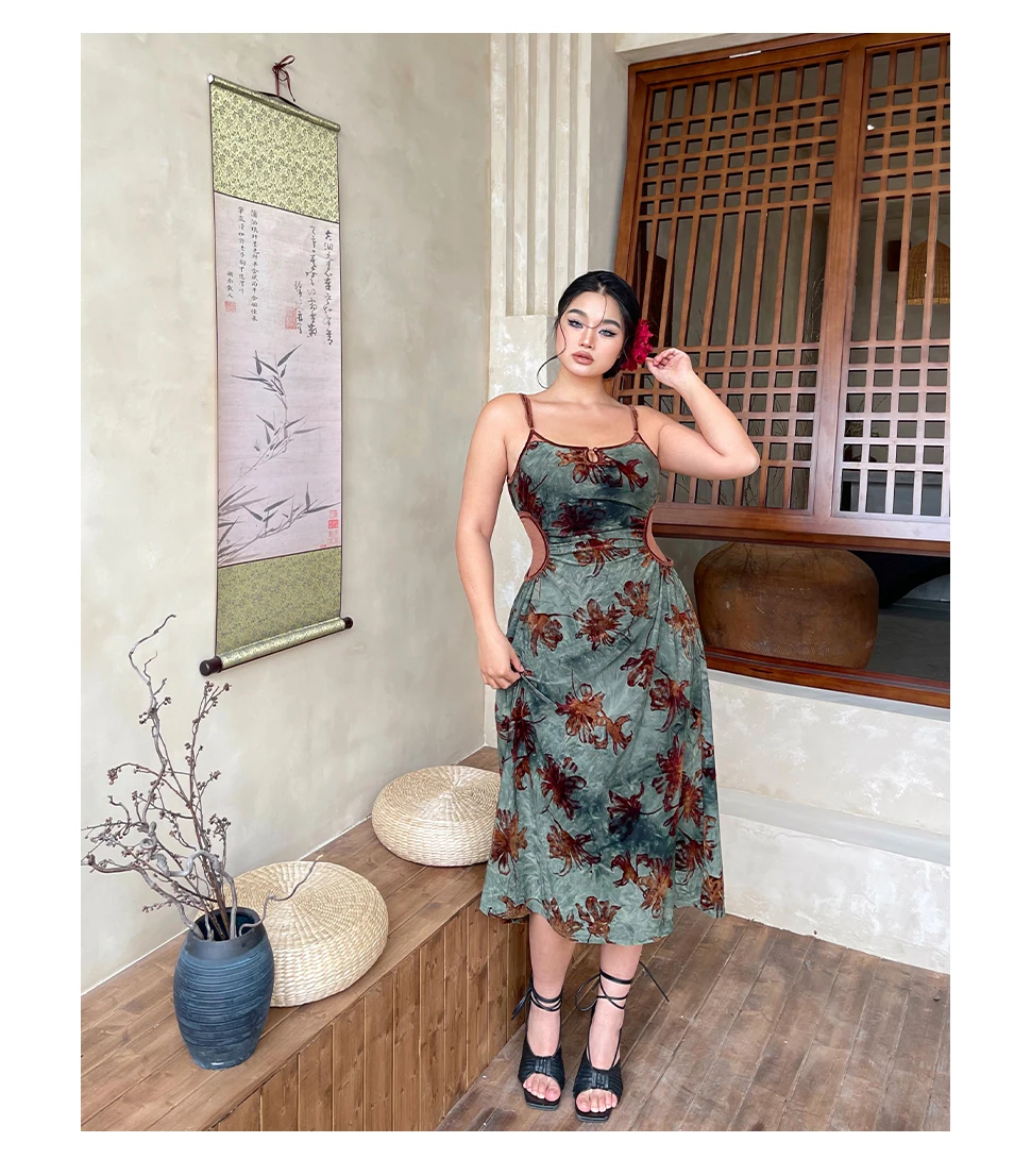 Large Size Spring New Sexy French Street Print Suspender Dress Temperament Girls High Waist A-line Sleeveless Cheongsam Dresses