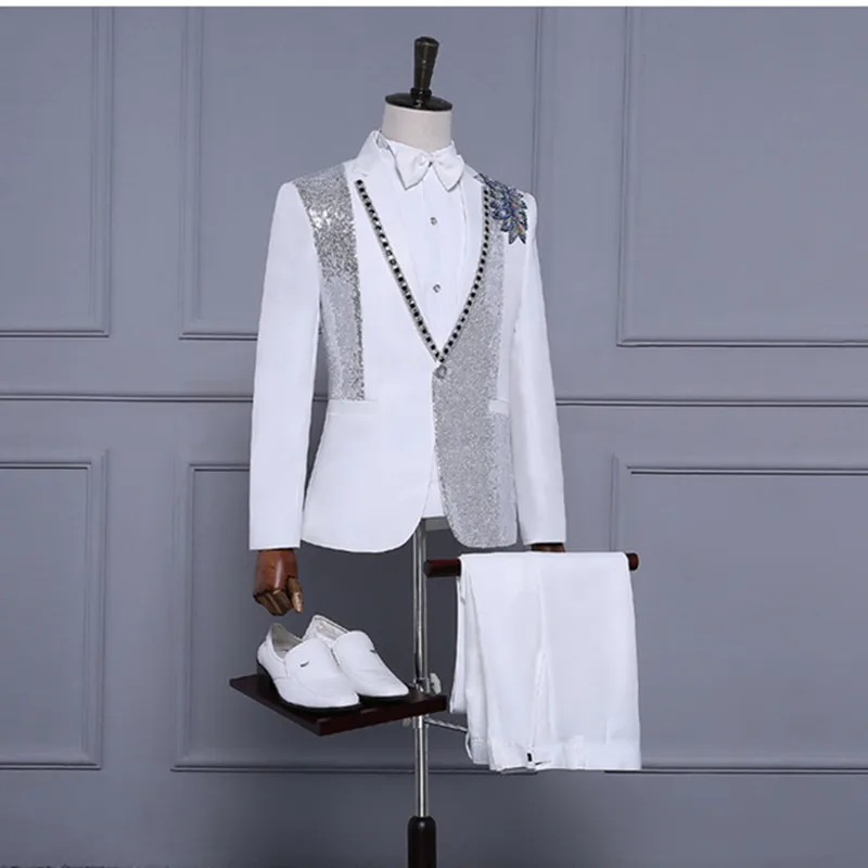 New Fashion Men Dance Party Sequin Dress Suit 2 Piece Set Black / White Singer Host Stage Performance Patchwork Jacket and Pants