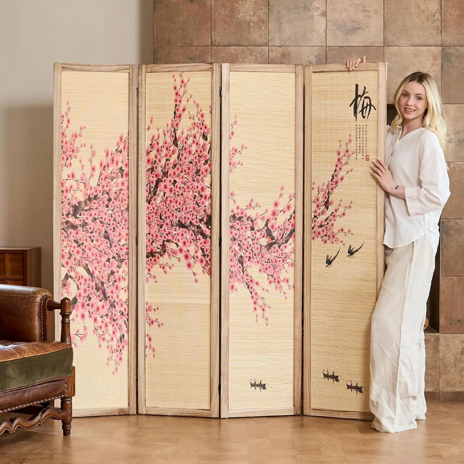 Freestanding 4-Panel Asian Room Divider, Wood-Framed Partition Screen Featuring Plum Blossom, Mountain and Calligraphy Motifs, Natural Color, 67″H x 64″W, Plum Blossom
