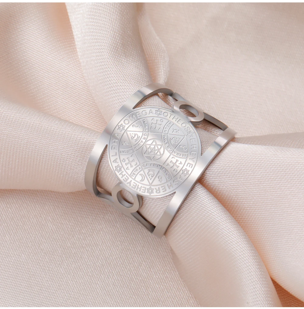 COOLTIME Engel Siegel Offene Ringe Edelstahl Vintage Magischer Schutz Amulett Hexagramm Ring Schmuck Geschenk – Detail 7