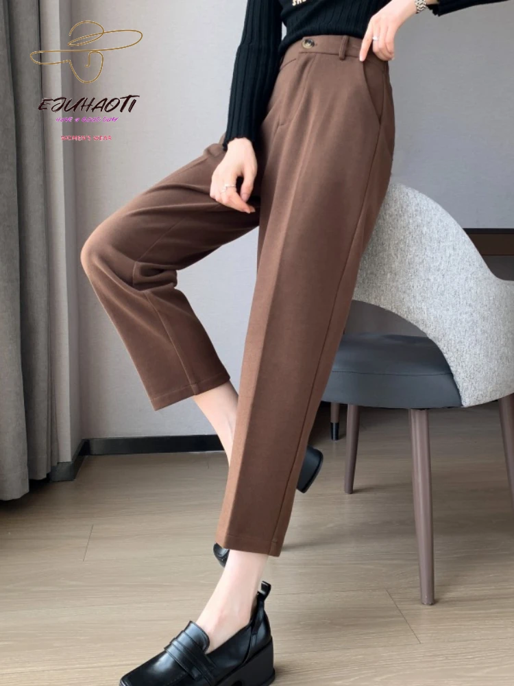 

Women's Woolen Nine Points Pants Spring Elasticity High Waist Straight Cylinder Casual Suit Fashion Temperament Trousers