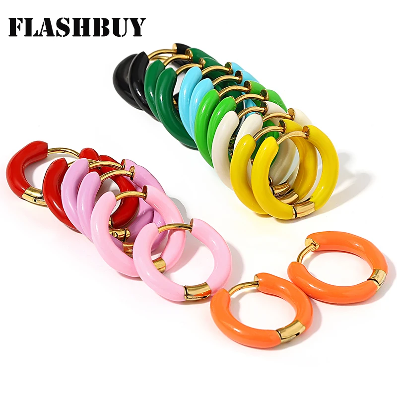 Flashbuy Trend Small Orange Green Enamel Stainless Steel Round Hoop Huggie Earrings Waterproof Charm Fashion Daily Jewelry Women