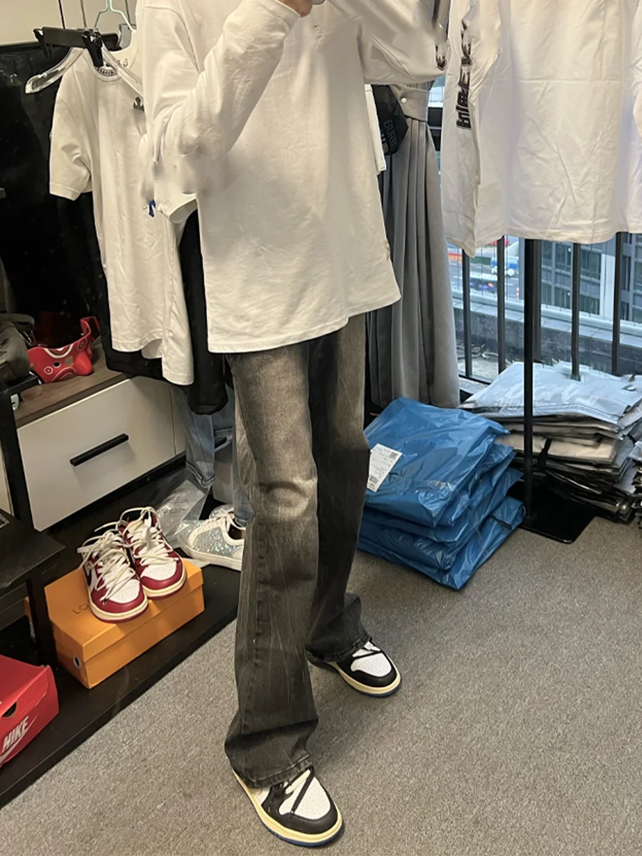 

Retro American Waed Distred Denim Straight Leg Men's Pants Loose Bla ay Versatile Long Trousers for All Seasons