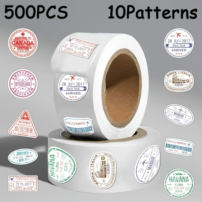 

1roll/500pcs passport stamp themed sticker roll for New Year gift party decors Back to school laptop cellphone case skateboard