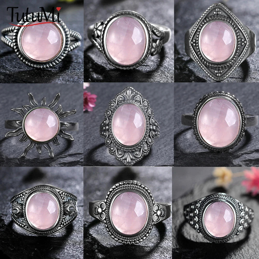 S925 Sterling Silver Ring Oval Round Rose Natural Quartz Ring for Women Gift Sun Shaped Retro Jewelry