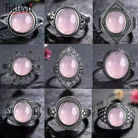 Vintage S925 Sterling Silver Ring Oval Round Natural Rose Quartz Ring Pink Stone Sun Shaped Retro Silver Fine Jewelry For Women