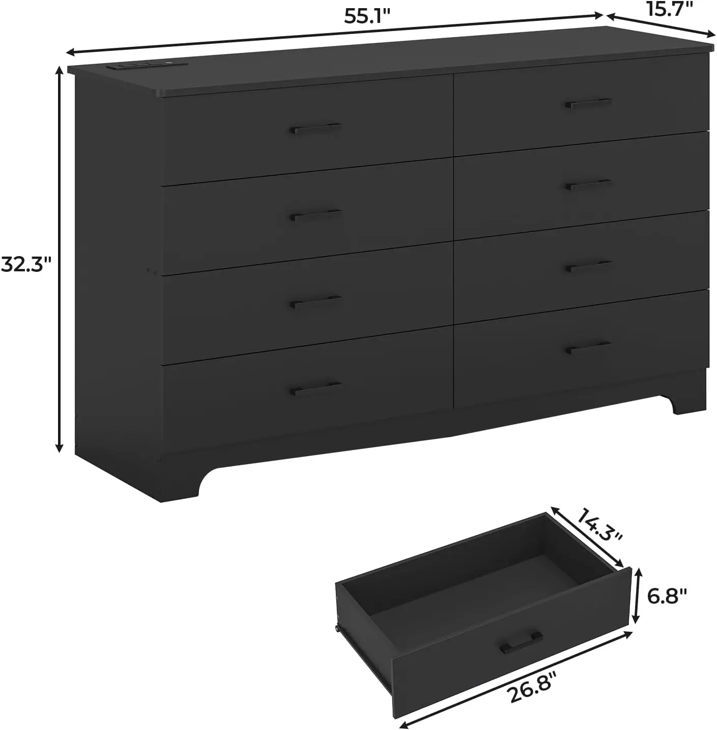 Longo Moderno Peito de Gavetas com Estação de Carregamento, Quarto Dresser, 8 Gavetas, 55,1 "Wide