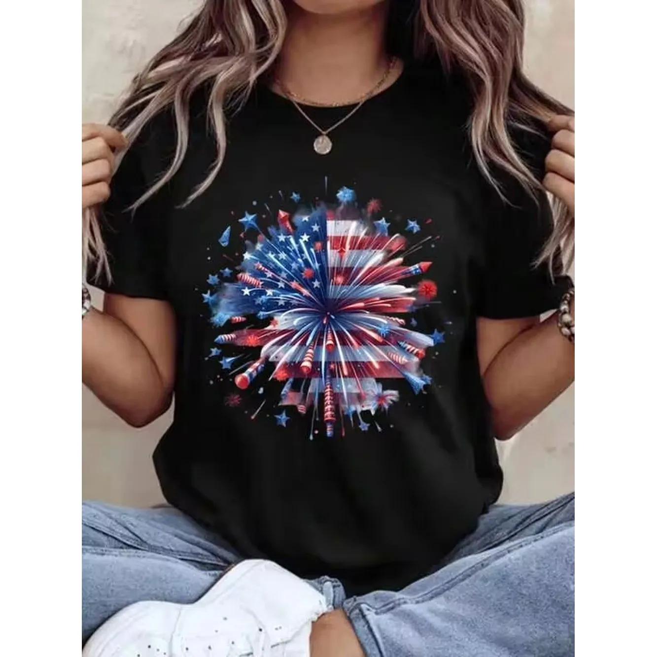 Patriotic Fireworks American Flag Independence Day Celebration T-Shirt For Women 4th Of July Festival Party Wear Red And Blue Stars Design Casual Top,220g