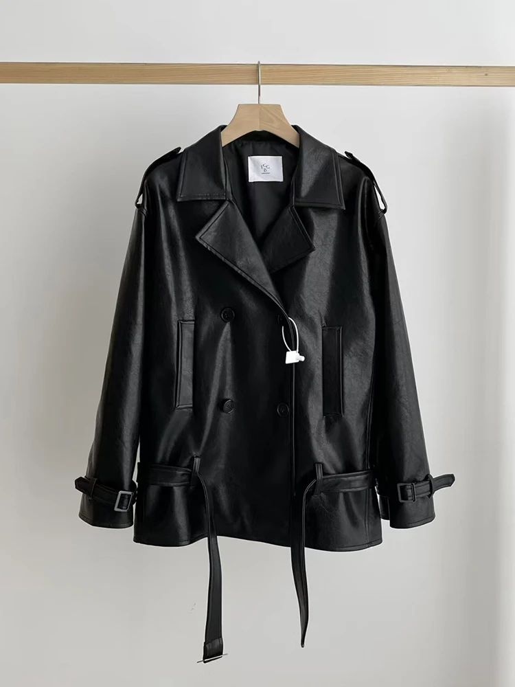 

Bla Leather Jaet Women's Autumn Winter New Sle Korean Retro Lapel Double Row Buttons Waist Belt Cool Motorcycle Coat