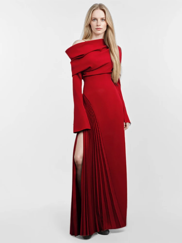 Sexy Slash Neck Long Sleeve Pleated Long Dress Women Red Black Side Split Slim Dresses Elegant Evening Party Runway Gowns