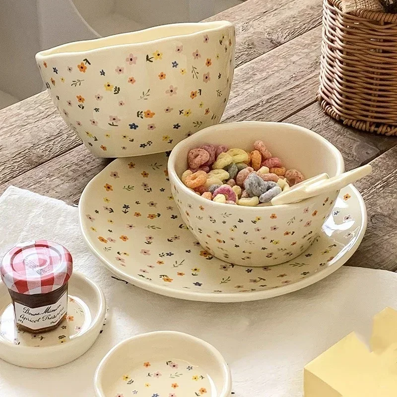 Ceramic Bowl Thicken Style Rice Fruit Vegetable Salad Bowl Domestic Bowl and Dish Table Kitchenware Cute Flower Pattern Gift