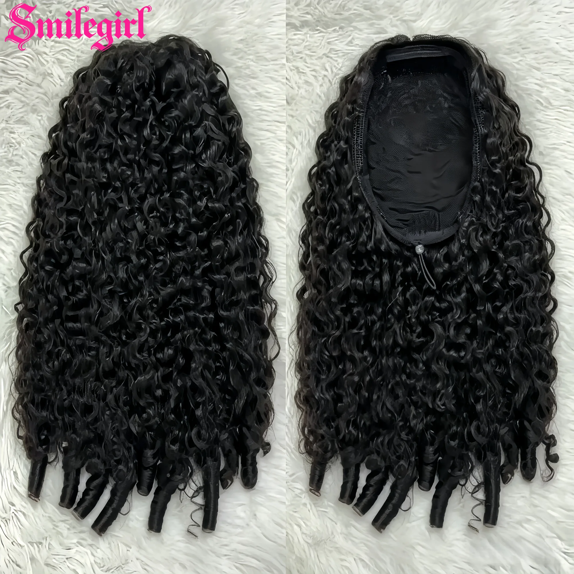 Half Wig 30 Inch 3 In 1 Seamless Flip Over Wig Human Hair 200% Density Wear And Go Deep Wave Wigs Human Hair For Women Drawstring Natural Black Half  Machine Wigs