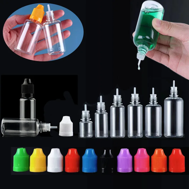 100Pcs Empty 3-120ml Mini Portable E Eye Liquid Dropper Bottles  Vape Oils Long Tip Cap Containers With Color Caps With Funnels