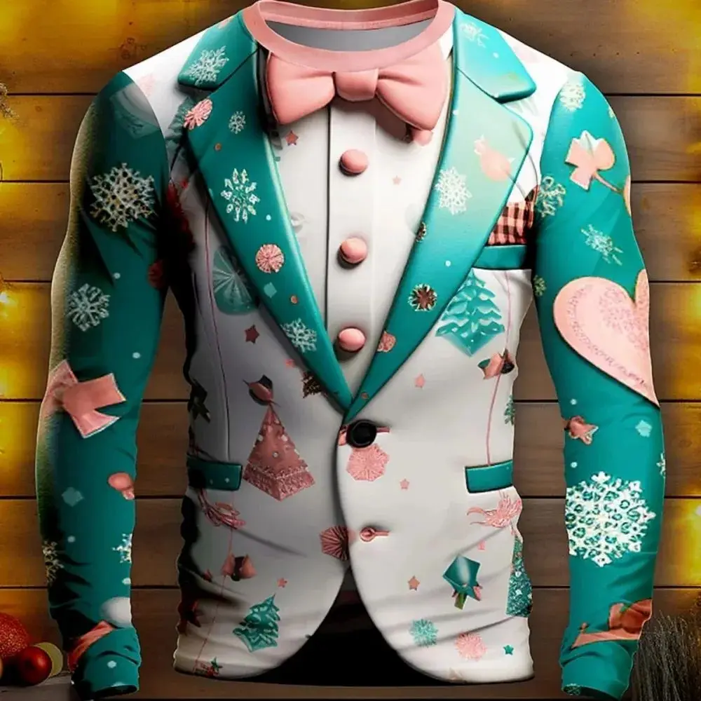 New Man Business Christmas Party Series Fake Suit Fashion Interesting 3d Printed Long Sleeve Crew Neck Trend Plus Size Clothing