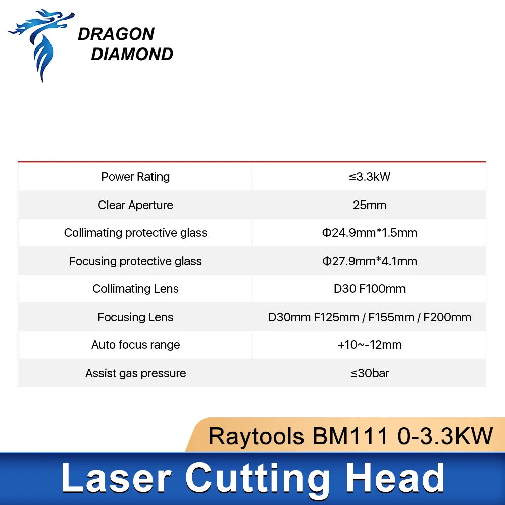 Raytools-cabezal de corte láser de fibra de enfoque automático para corte de Metal, modelo BM111, 0-3.3kW, colimación CL100, f125 mm, F200 mm