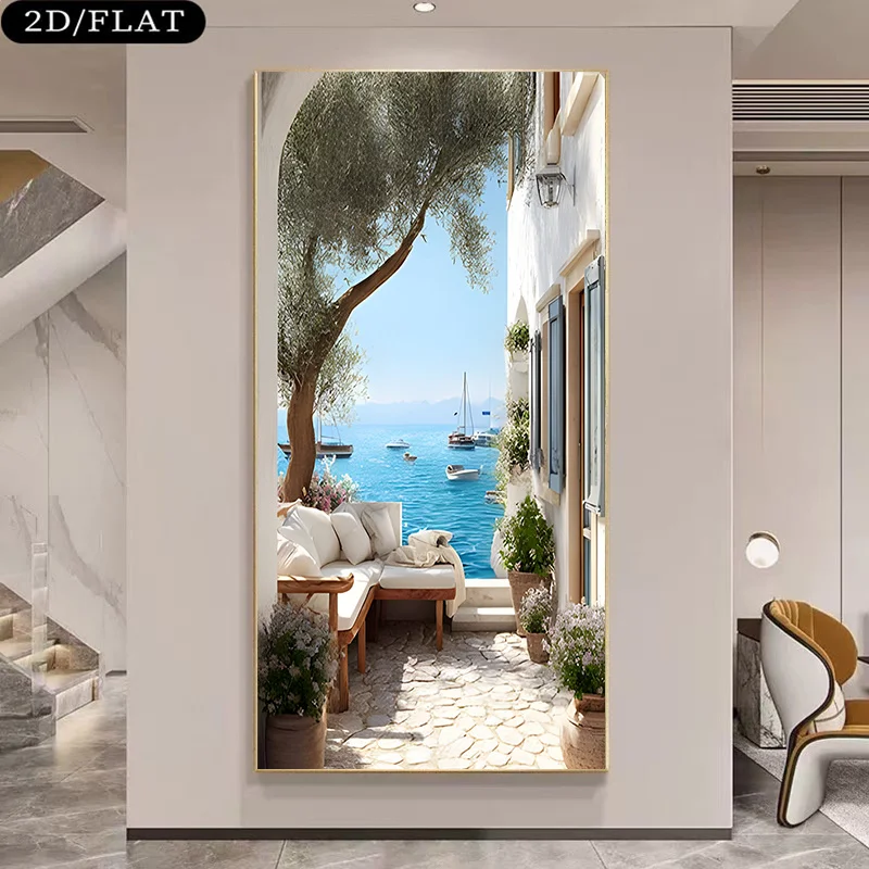 Mediterranean-Style Coastal Canvas Painting, 2D FLAT No framed, Featuring White-Walled Buildings, Lush Trees, Moored Boats, And