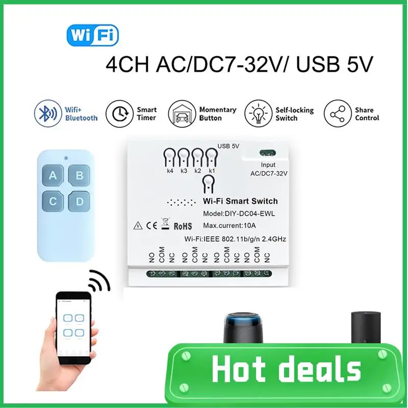 

AC62-4CH Ewelink Wi-Fi умный переключатель + пульт дистанционного управления 85-265 В USB 5 В 2,4G Wi-Fi модуль домашней автоматизации для IFTT Alexa Google Home Durable