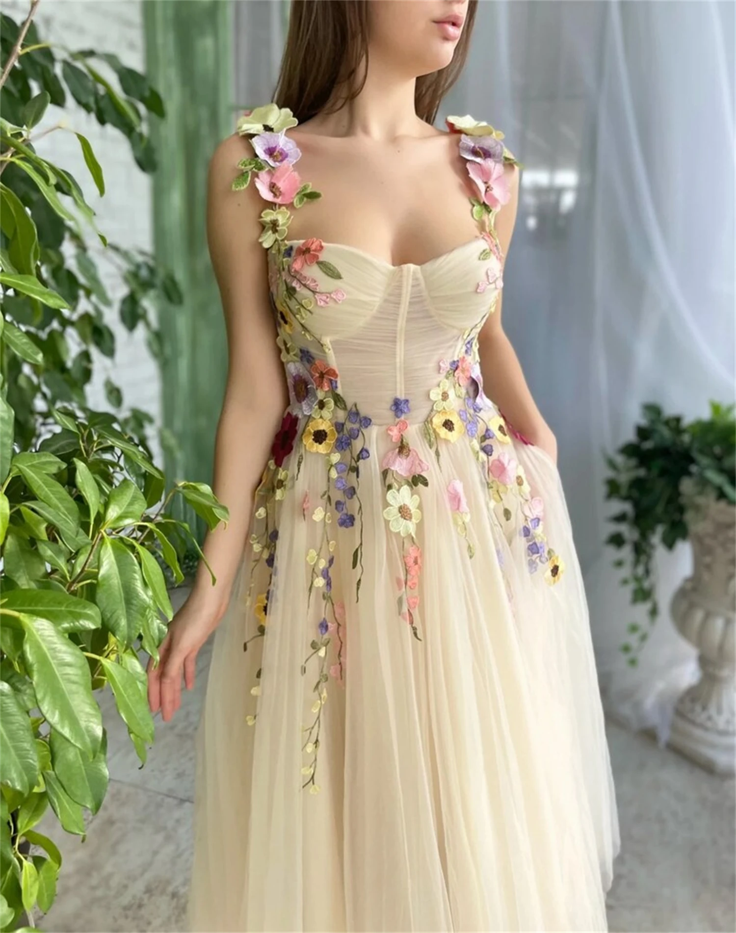 Champagne Prom Dresses Flowers Pastoral Sweetheart Tulle Appliques A-Line Party Tea-Length Evening Gowns Party Dress for Wedding