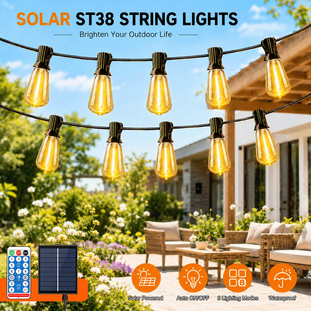 18M/15M/7M ST38 LED-Solar-Lichterkette für den Außenbereich mit Haken, automatisches Ein-/Ausschalten, wasserdichte, bruchsichere Glühbirnen, Terrassen-Hängelampen für Garten, Hochzeit, Camping