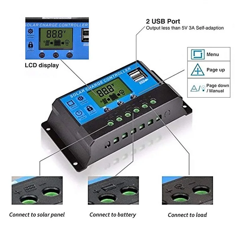 30A 20A 10A PWM Regulator ładowania słonecznego 12V/24V Regulator baterii sterownik do baterii słonecznych wyświetlacz LCD z podwójnym USB P