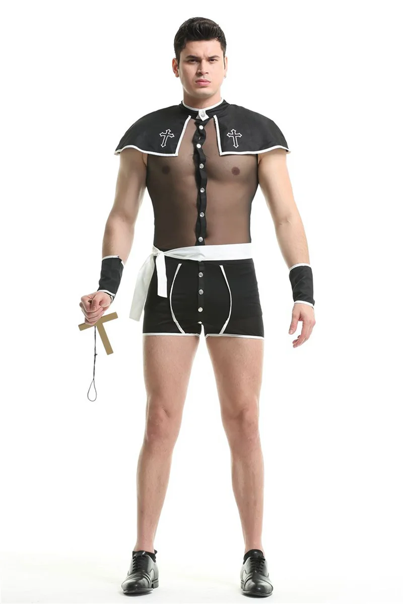 Men's Sexy Transparent Mesh Priest Costume Bodysuit Halloween Cosplay Religious Pastor Godfather Uniform Party Fancy Dress Up