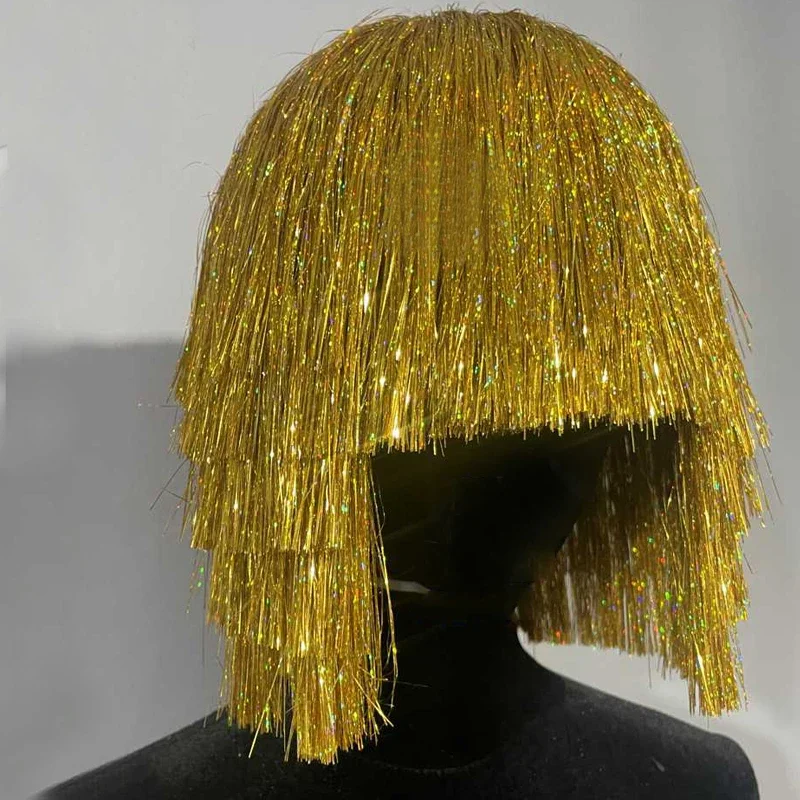 Fashion Laser Gold Headwear Fringed Wigs Women Sexy Gogo Dance Costume Bar Dj Ds Pole Dance Outfit Stage Accessories