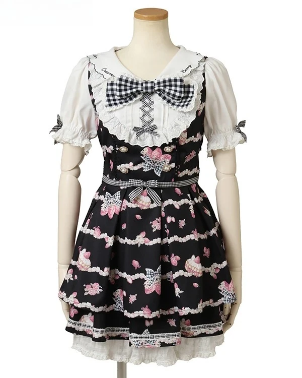 ฤดูร้อนของญี่ปุ่น Sweet Mine Series เอวสูงพิมพ์โบว์ฟองแขนสั้นชุดและกระโปรงด้านล่างชุดสองชิ้น