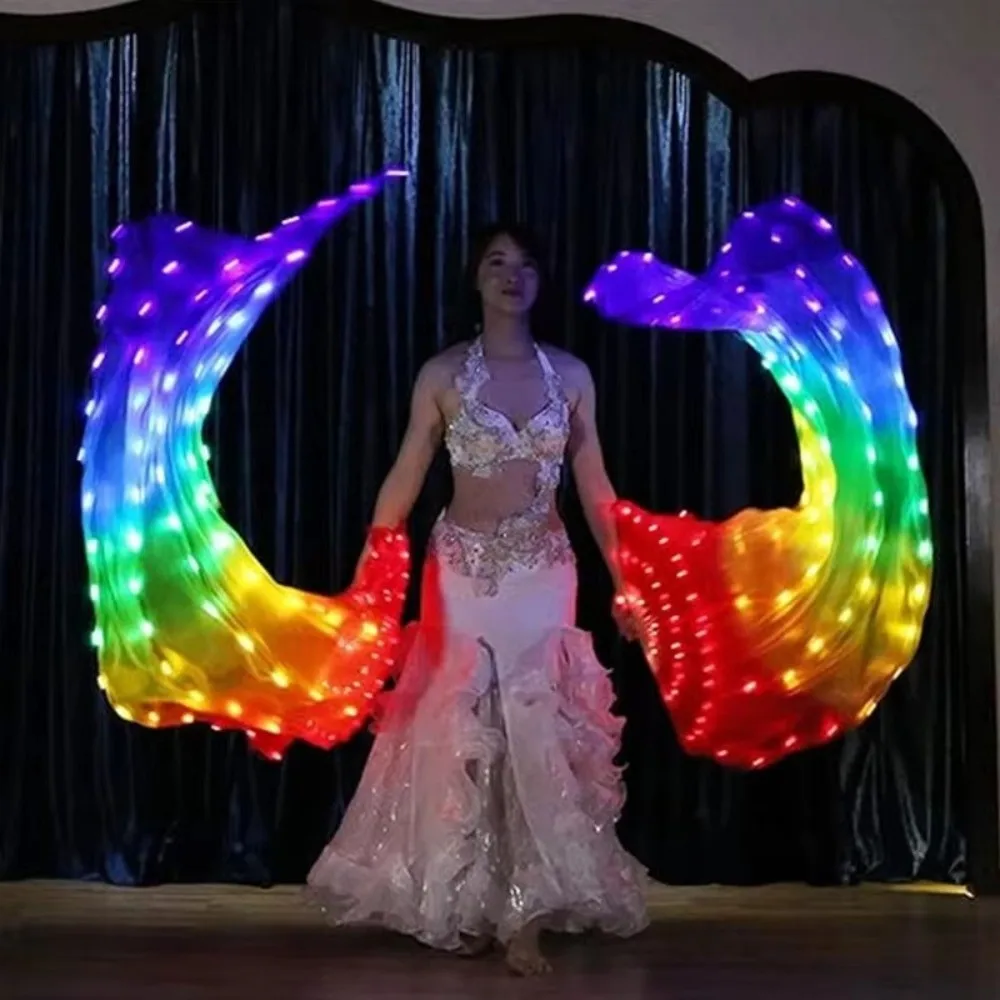 Multi Color Luminous Dance Fan Classical Glowing Long Silk Fan with LED Lights Battery Powered Illuminated Fan Wedding Party