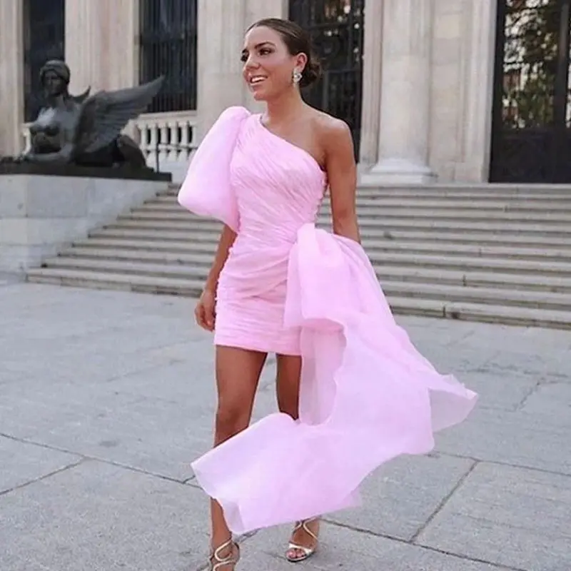 

ANGELSBRIDEP Pink One Shoulder Evening Dress Prom Party Dress Short Puffy Sleeves Pleat Organza Formal Gowns Above Knee Zipper