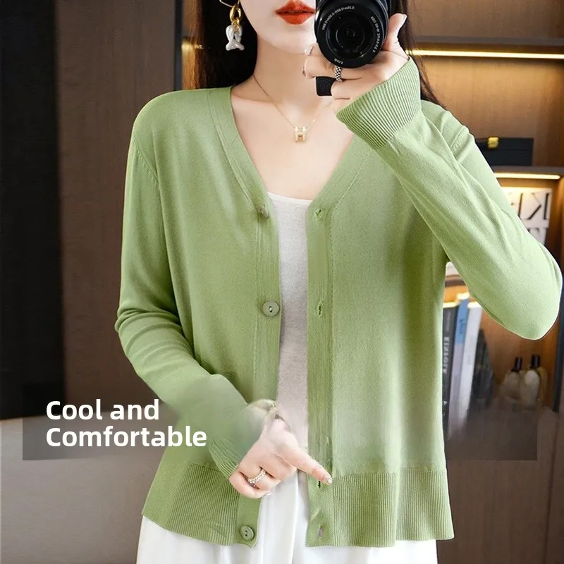 Ice Silk Knitted Cardigan Women's Thin Air Conditioning irt Summer with Strap Dr Small Outerwear awl Jaet V-ne Lon...