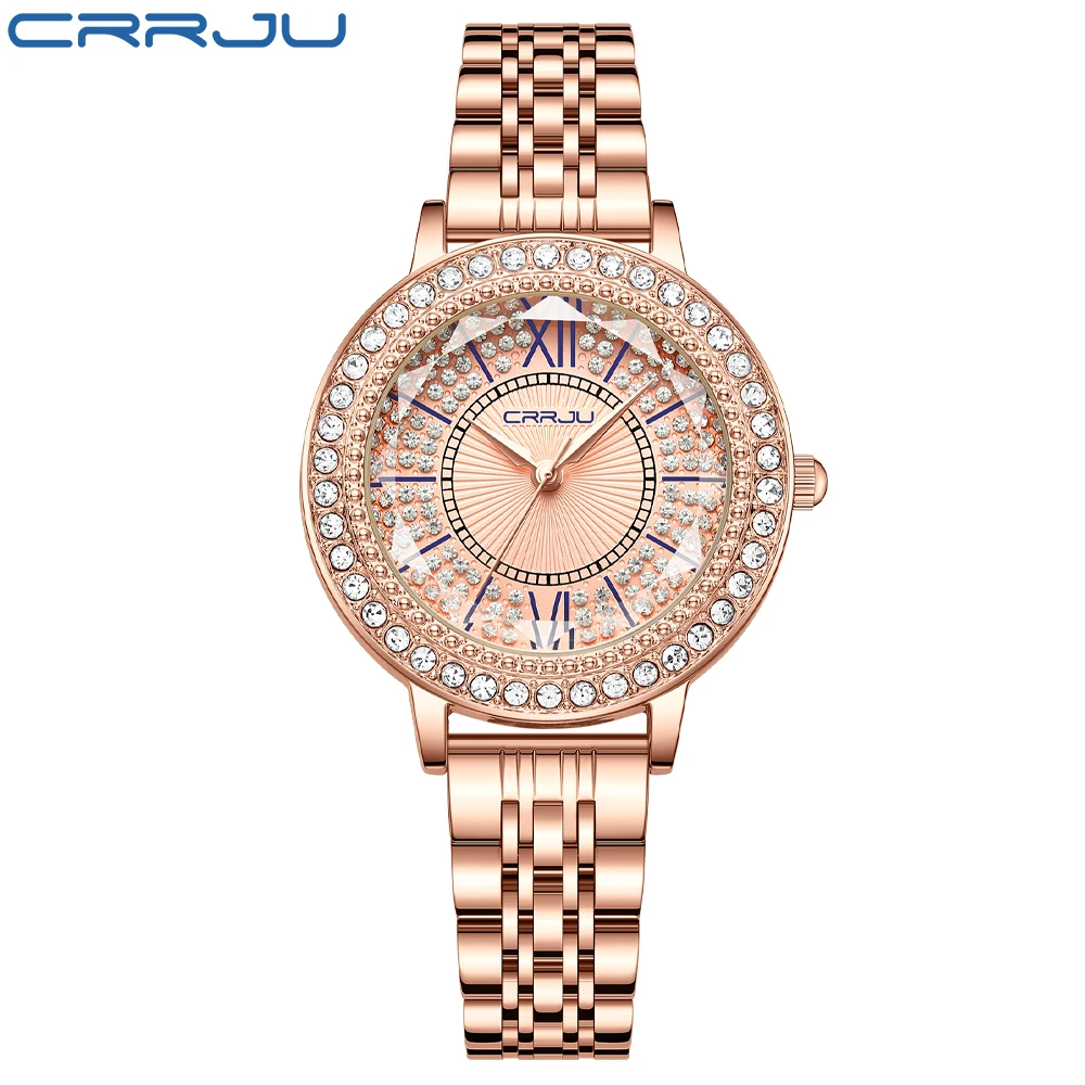 

CRRJU NEW Luxury Stainless Steel Wristwatches for Ladies Romantic Rose Pink with Rhinestones Roman Numeral Dial